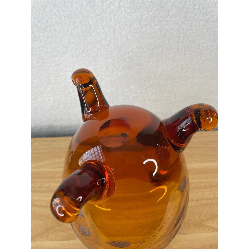Vintage Amber Glass Pitcher Etched‎ Floral Rose Design 3-Footed Tripod 9.5 Inch